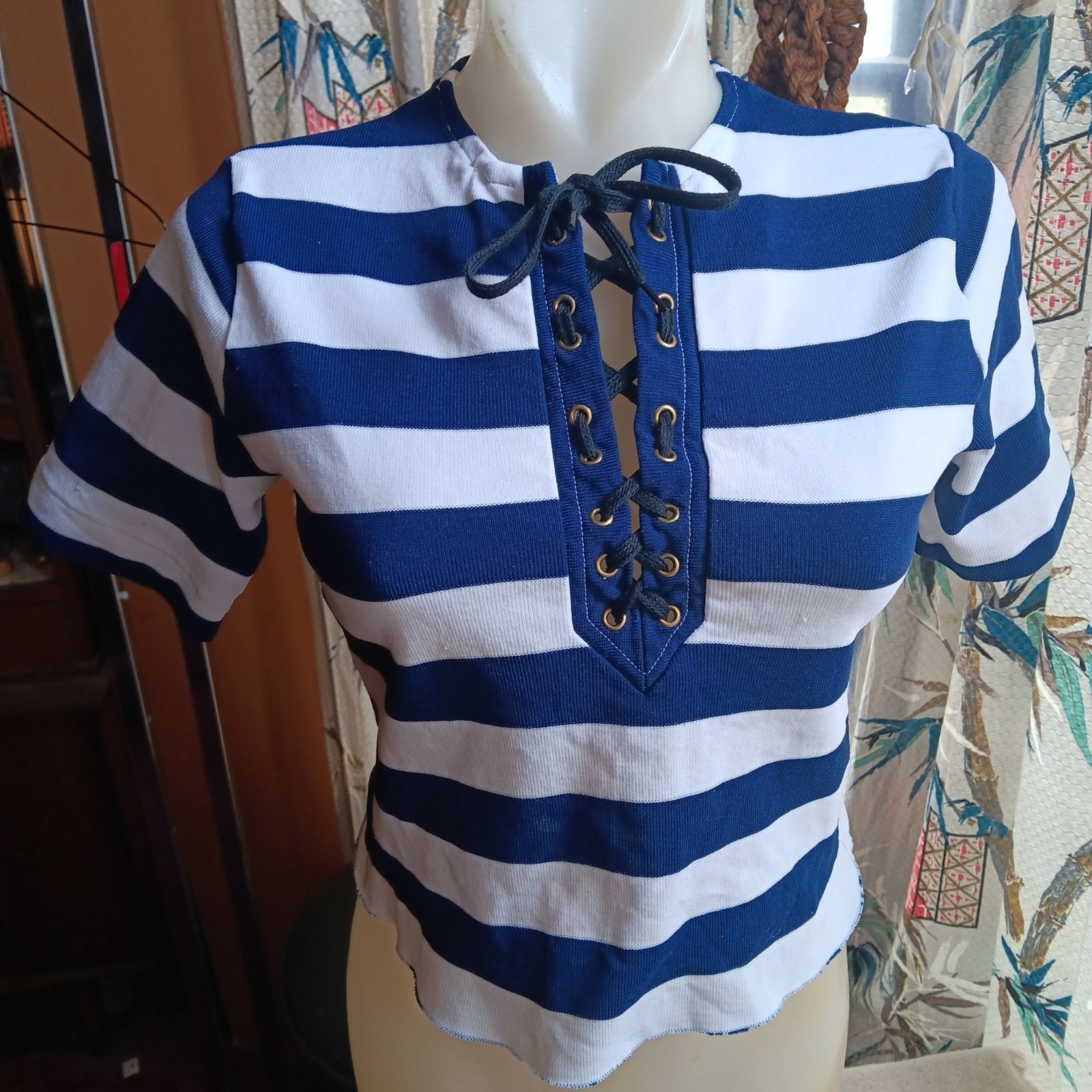 True Vintage 1970’s Lace-Up Top Striped Blue White Cropped Hippie Mod T-shirt