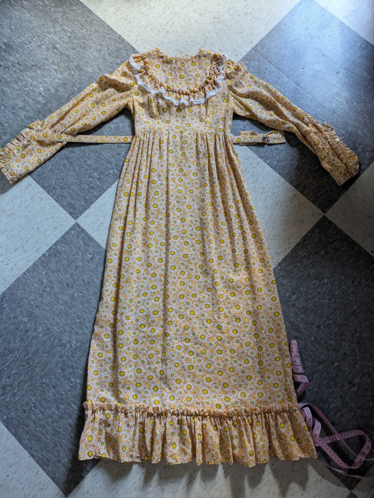 Vtg 1970 Psychedelic Floral Prairie Hostess Dress Yellow Orange Daisy Print Maxi