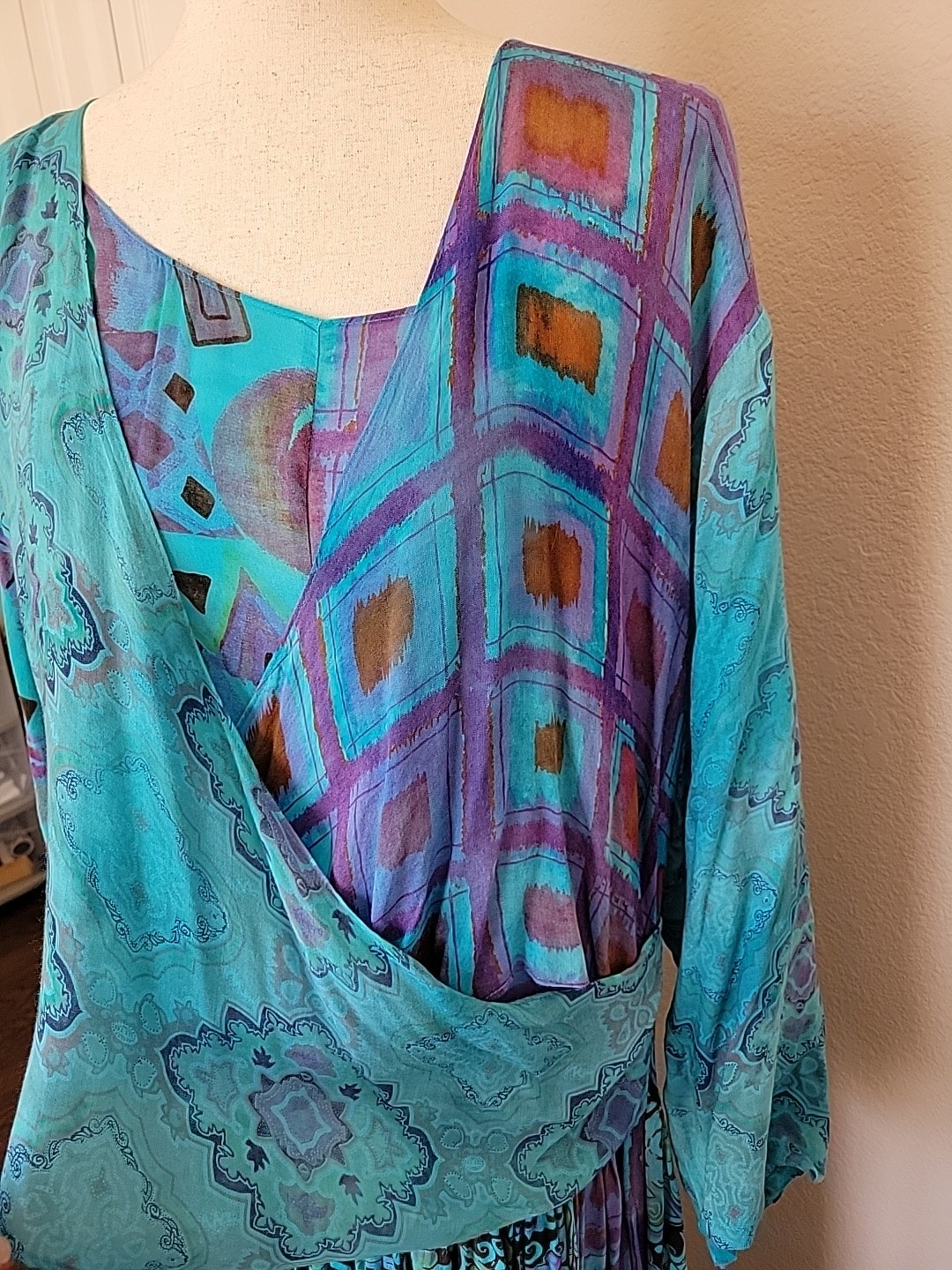 Vtg URU Womens Maxi Dress One Sz Oversized Tiered Lagenlook Drop Waist Floral
