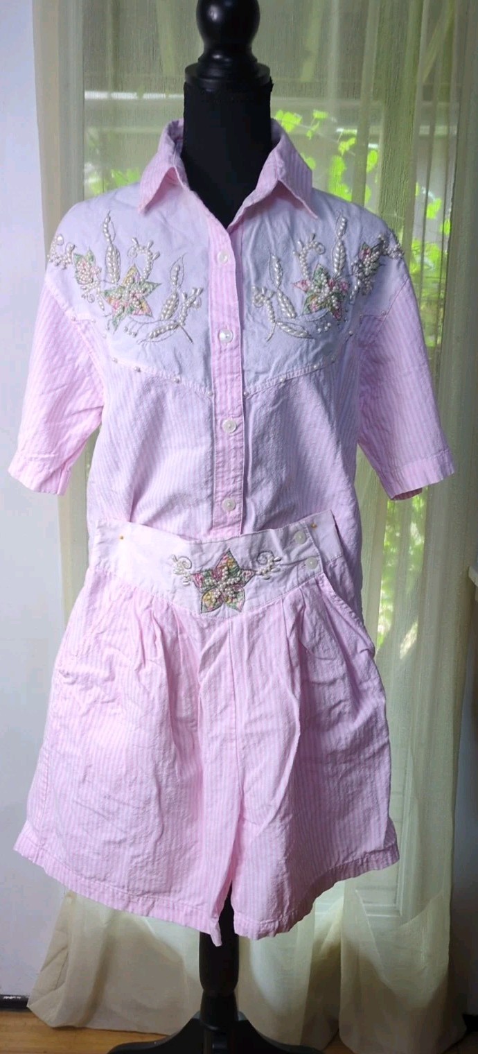 VTG Andrew Sport Cotton Two Piece Set Women’s S/M, Pink, White W/ Beading
