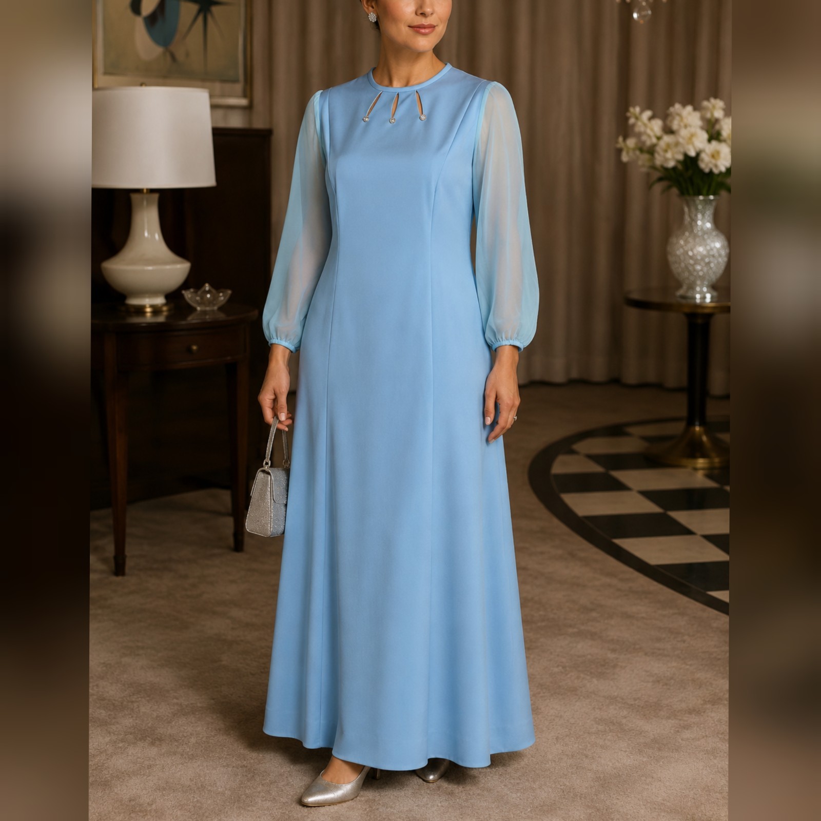 Tribute Dress Vintage 1960s 70s Blue Maxi Bridesmaid Prom Party Dress size 22
