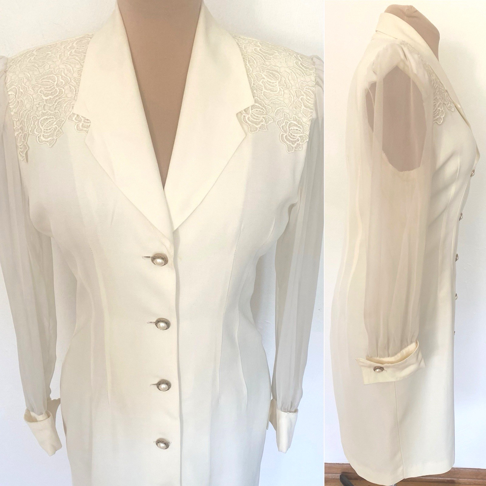Vintage 80s KATIE MFG Sheath Reception Dress *Size 8* Ivory Sheer Sleeve Button