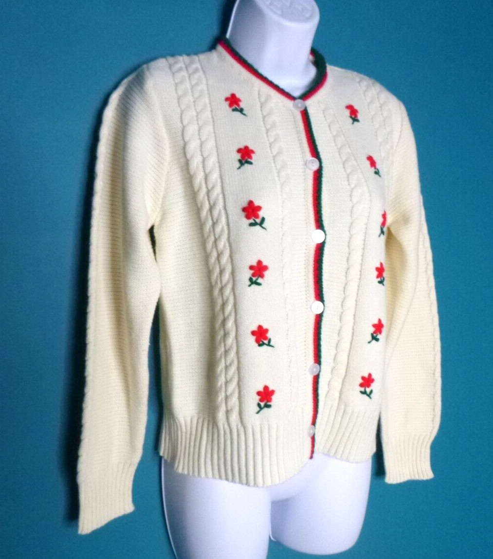 Vtg Acrylic Cardigan Off White Red Green Floral Embroidery Sz 36/38 Austria