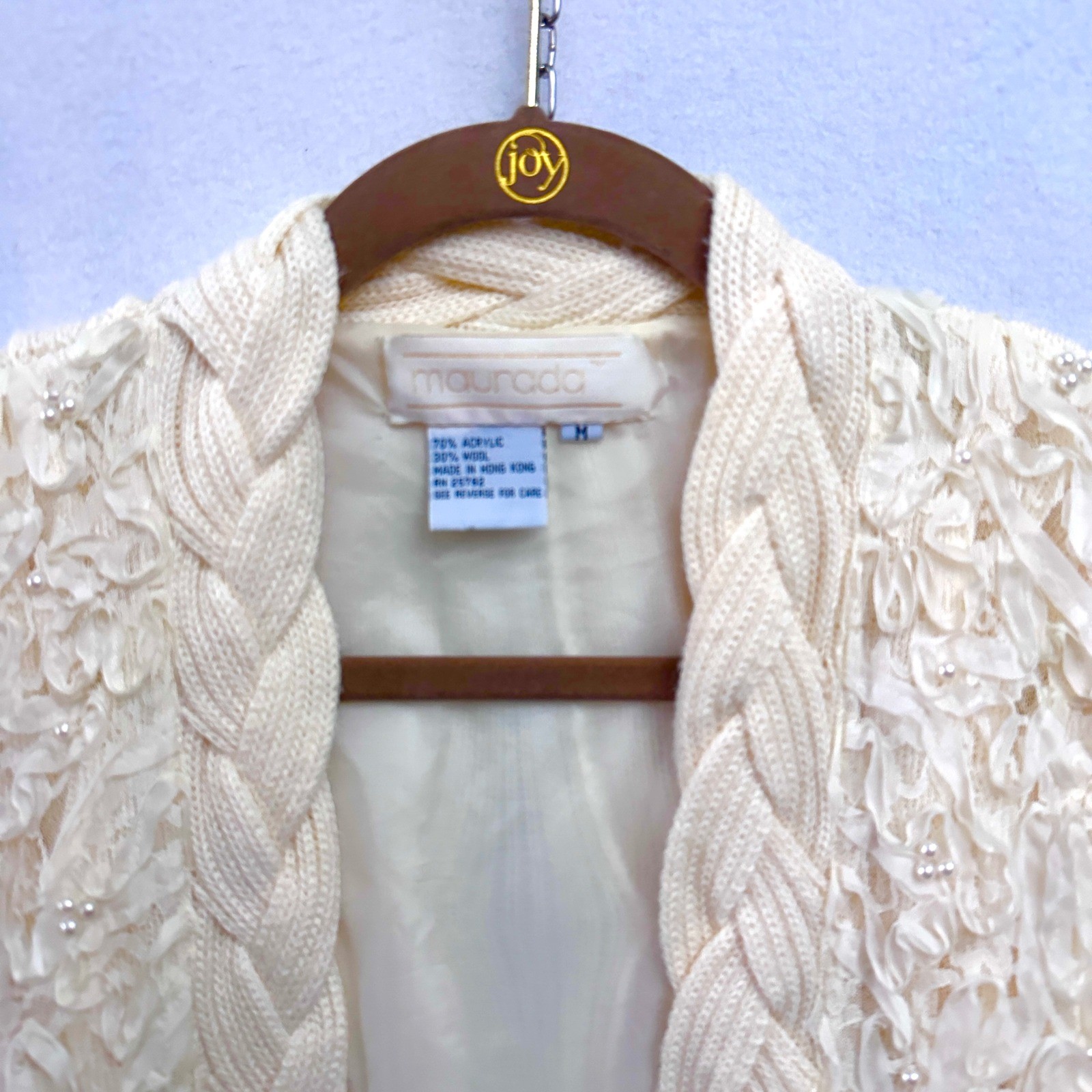 Vintage Maurada M Oversized Wool Cardigan Coat Pearl Lace Bishop Poet Rosette