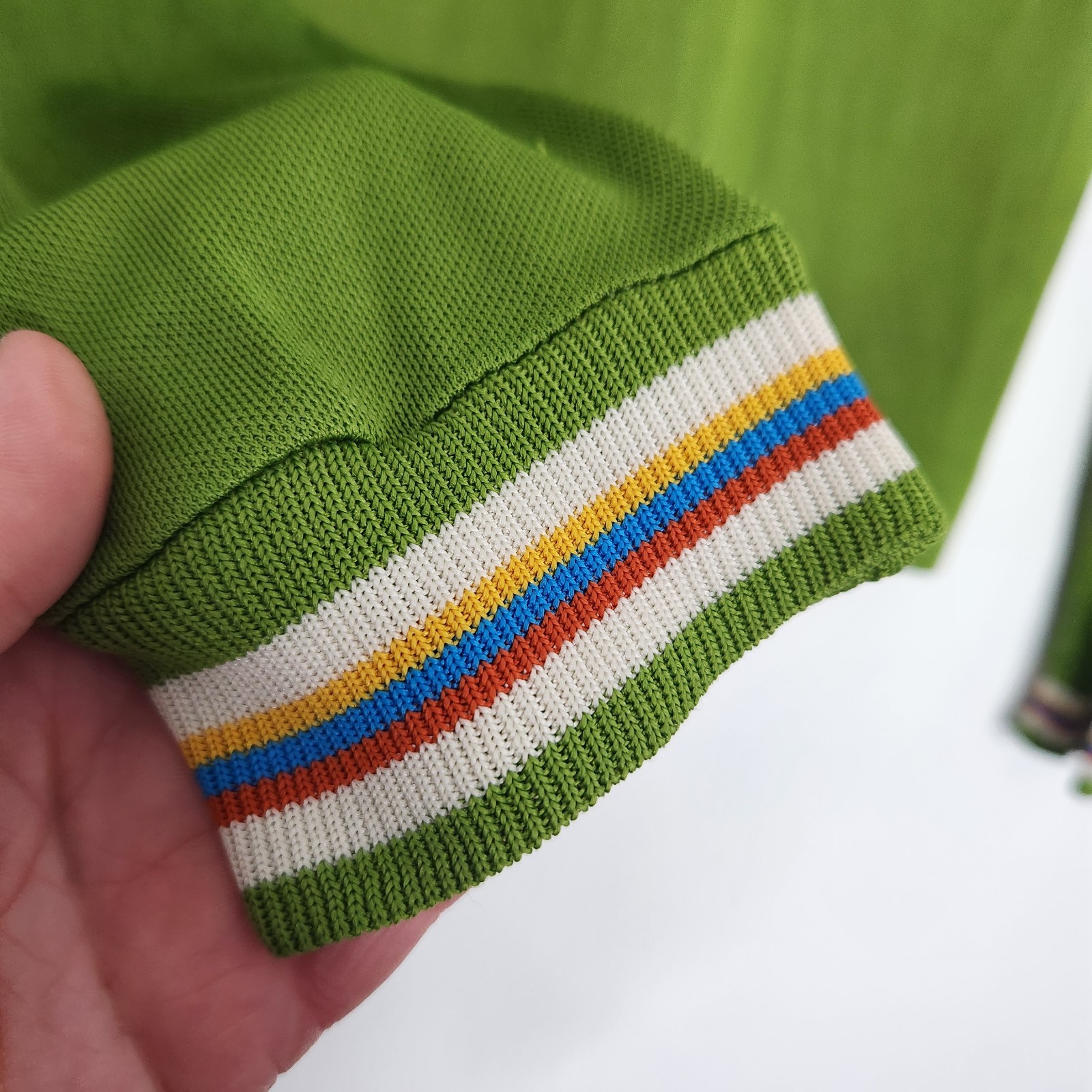 Vintage 70s Andrew Fifth Ave Avocado Green Turtleneck Shirt Rainbow Trim Size 14