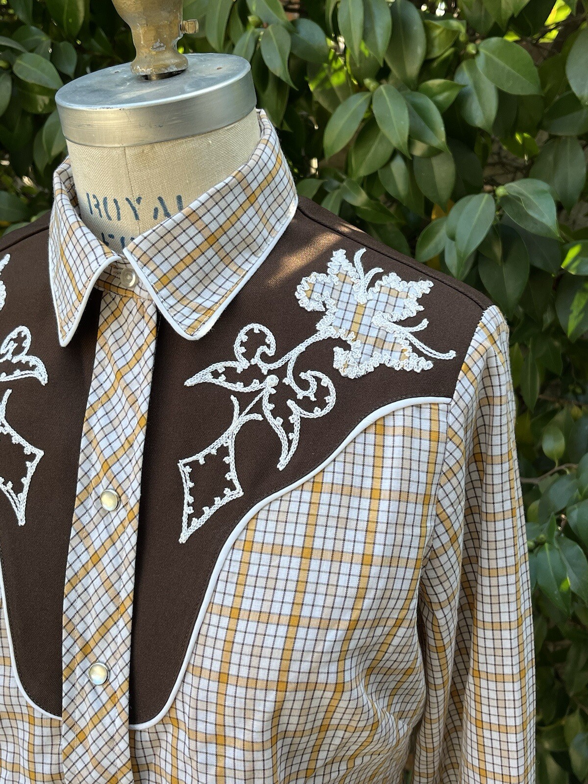 Vintage 70s H Bar C California Ranchwear Embroidered Shirt Women 36 Brown Plaid