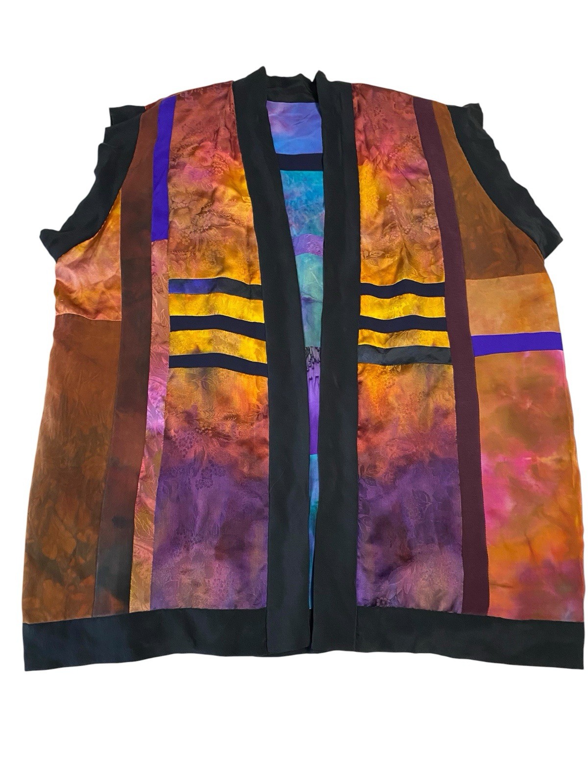 Art to Wear Silk Patchwork Vest Open Front Boho Artisan Kimono Style XL/2X OOAK