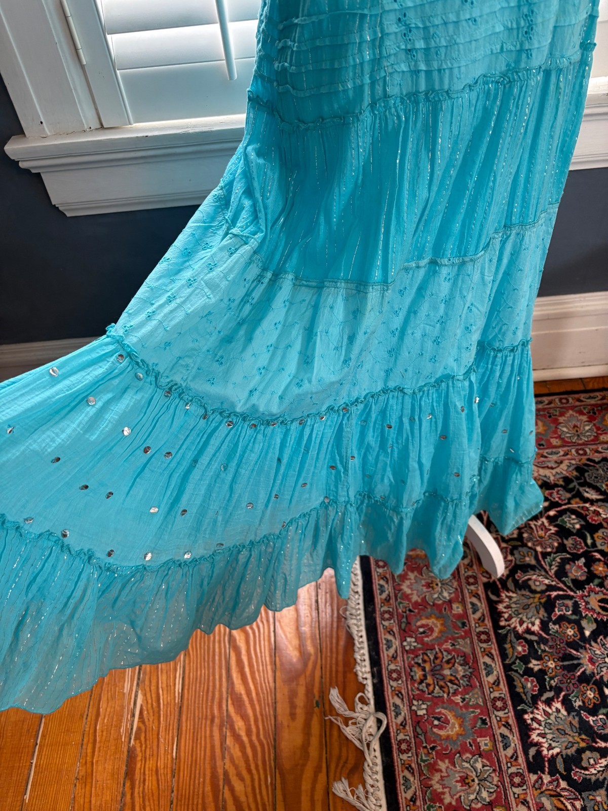 Vintage Phool Turquoise Cotton & Metallic Gauze Maxi Dress – Boho Hippie