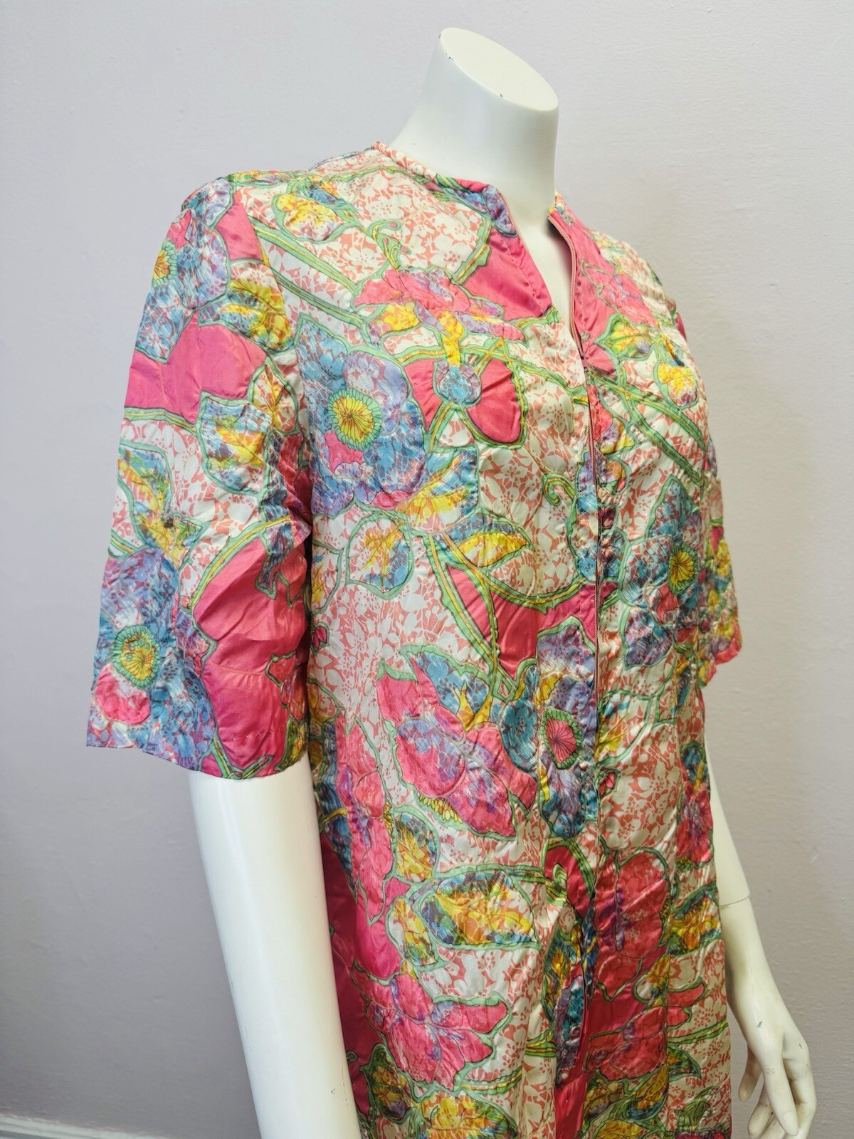 VTG RARE Caftan Kaftan Loungewear night Gown Dress robe glo pink floral zip S/M