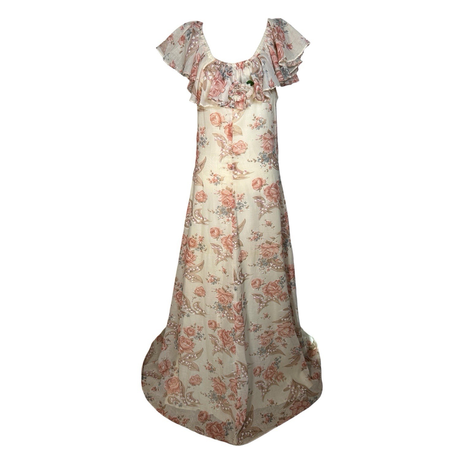 VTG 70s Zum Zum Floral Ruffle Peasant Prairie Ruffle Maxi Dress Cottagecore S/M