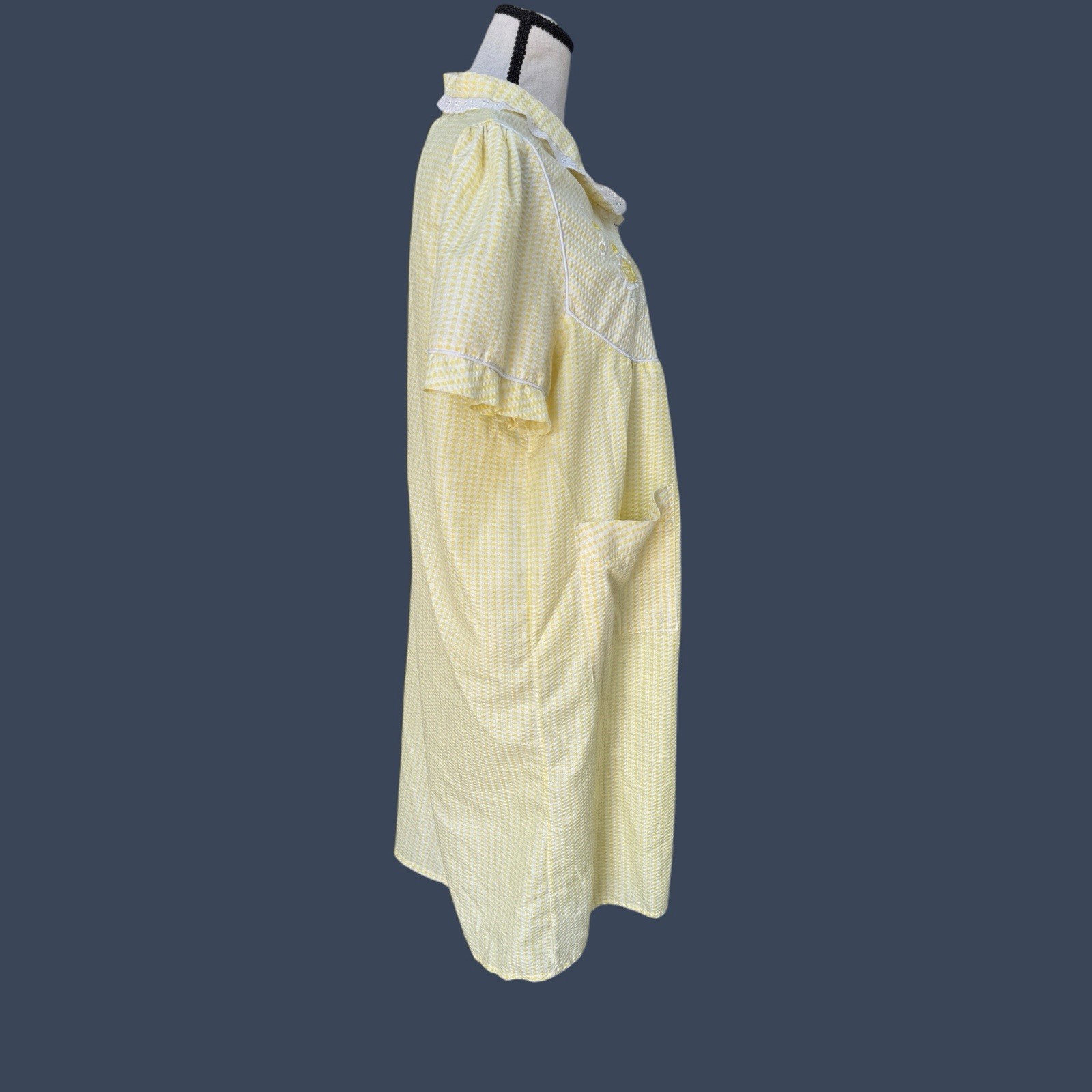 Vintage 90s XL Butter Yellow Gingham House Dress Floral Embroidered Cottagecore