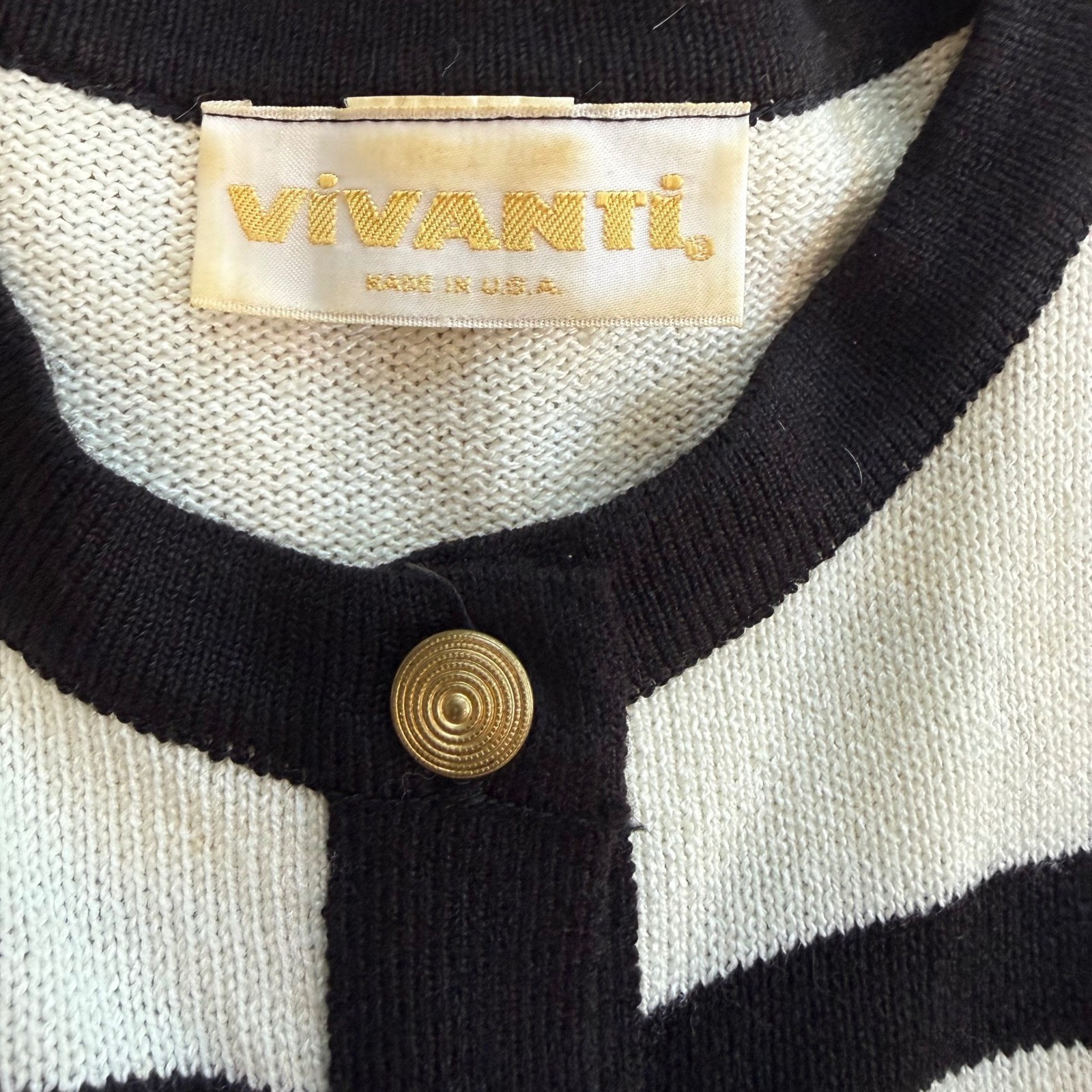 Vivanti Vintage Striped Short Sleeve Cardigan Sweater White Black Yellow Size 14