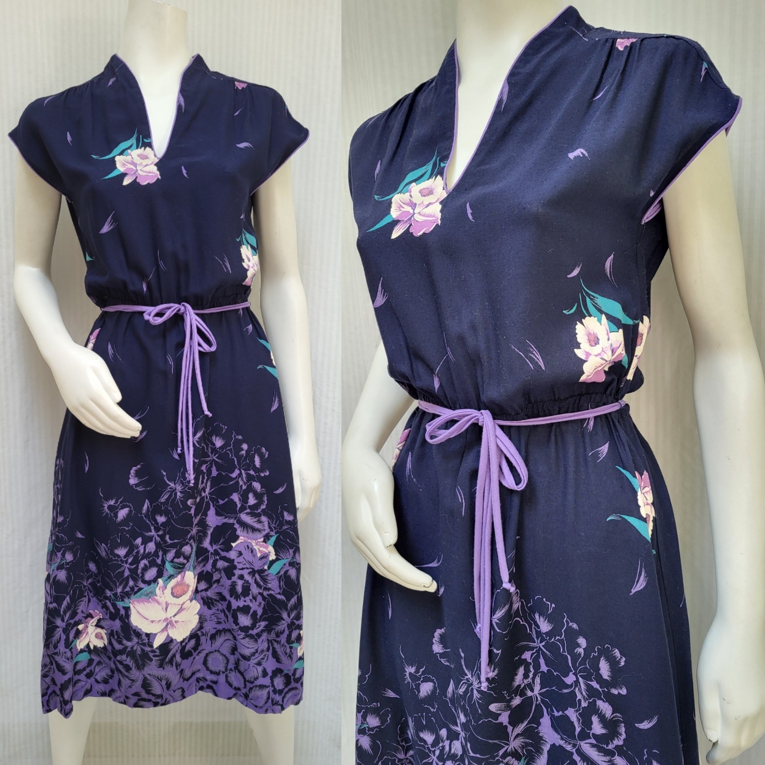 Vintage 1970s John Richard Of California Blue Purple Floral Dress + Belt- Size M