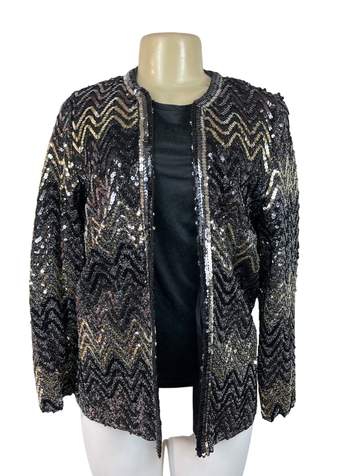 Vintage Montgomery Ward Sequin Chevron Pattern Jacket Black & Gold Zigzag Design