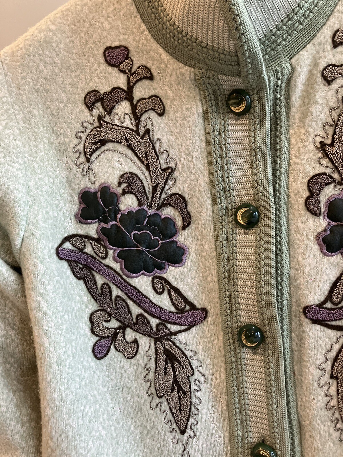 Vtg 80s Wool Cardigan Sweater Lined Embellished Embroidered Appliquéd Large