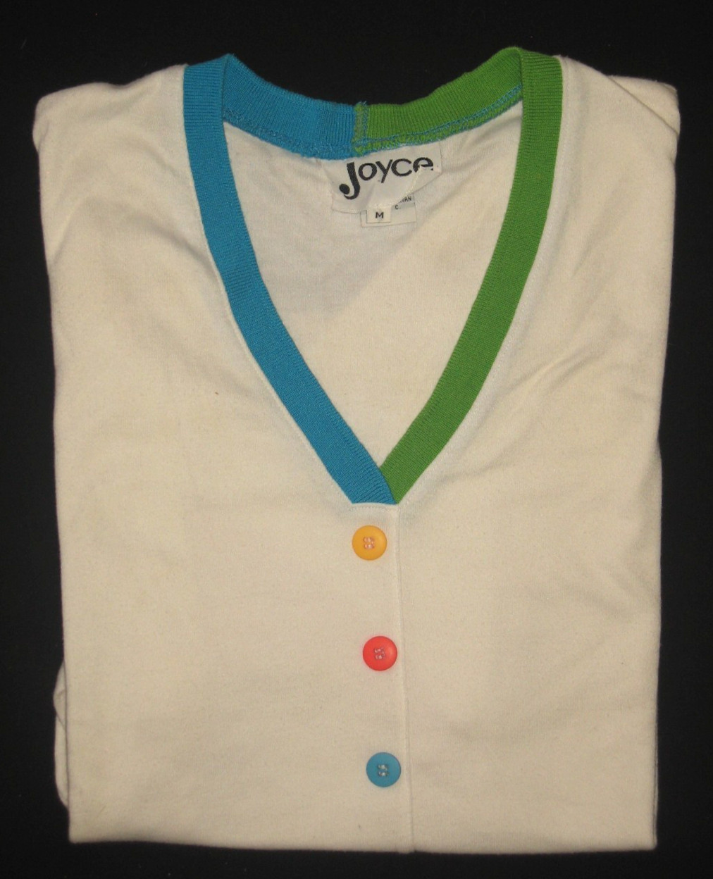 VtG 1980s White Knit Short Sleeve V-Neck Joyce Top Primary Colors Neon Shirt M