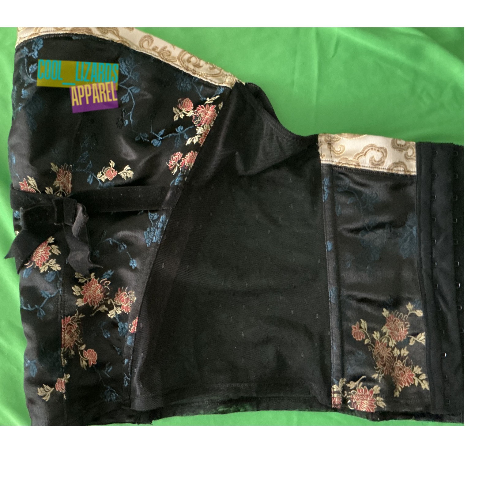 CORSET black size 40 floral brocade satin bow vintage bustier corset Asia