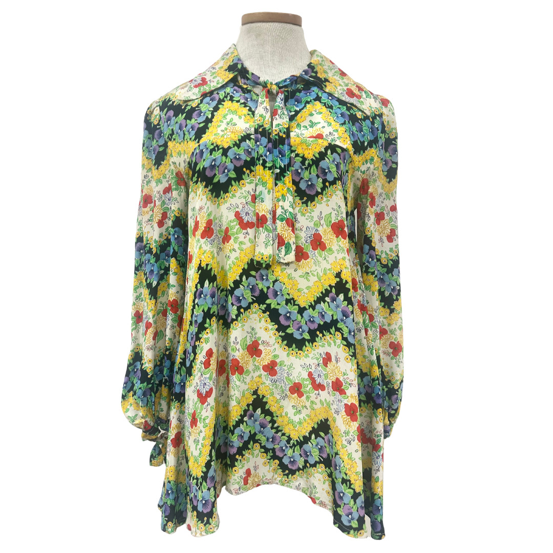 Vintage 1970s Jenny Hare Rare Floral Tunic Blouse/Mini Dress with Bishop Sleeve