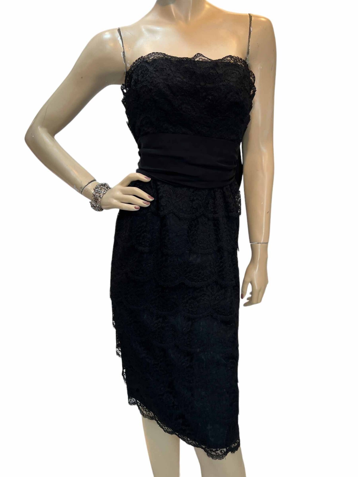 S Vtg 50s LACE Party Dress Strapless/Straps BIG Bow Black Ferman-O’Grady Wiggle