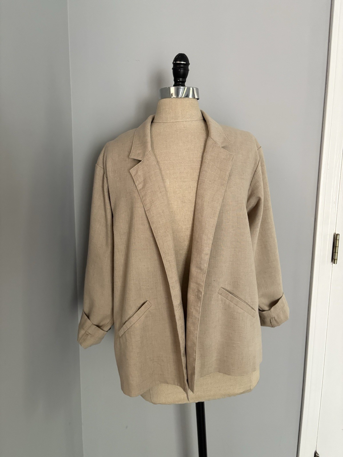 Vintage 80s Natural Flax Sheer Open Weave Blazer Safari Preppy Basic Classic M