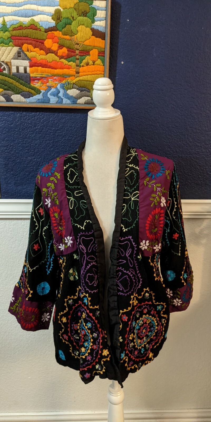 VTG Anu Wearable Art Embroidered Patchwork Tapestry Open Front Jacket Sz Large L