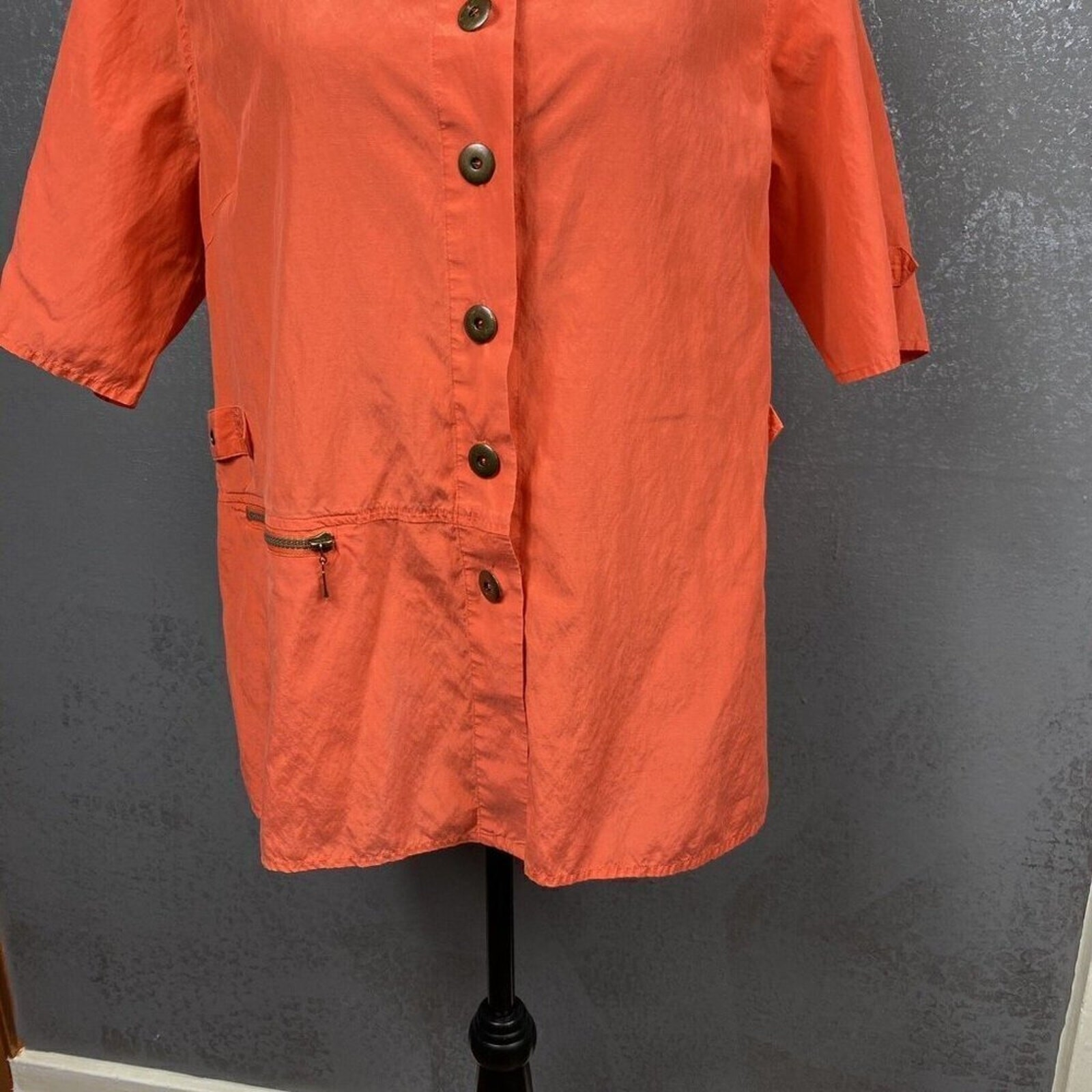Alain Weiz Vintage Salmon Silk Blend Safari Button-Up Shirt Sz 14 Coral Utility