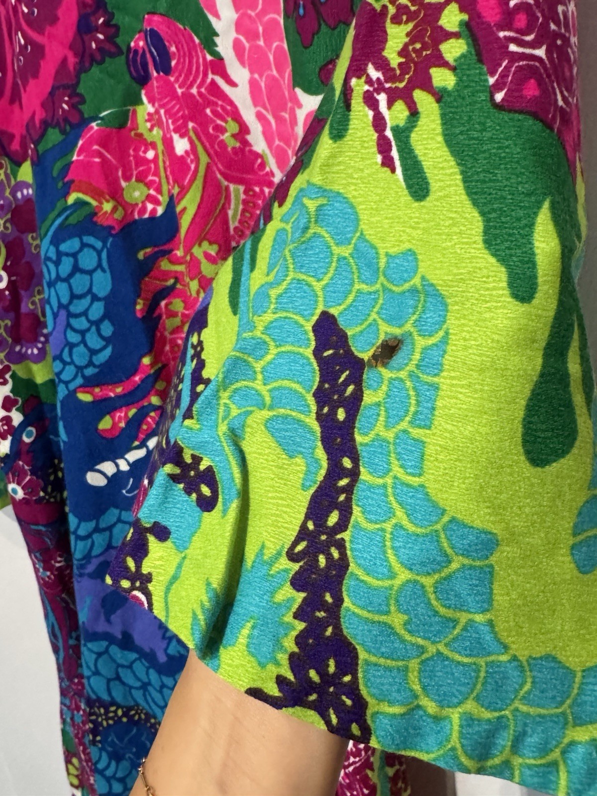 Vintage Psychedelic Dragon Print Acrylic Barkcloth Micro Dress Tunic Top