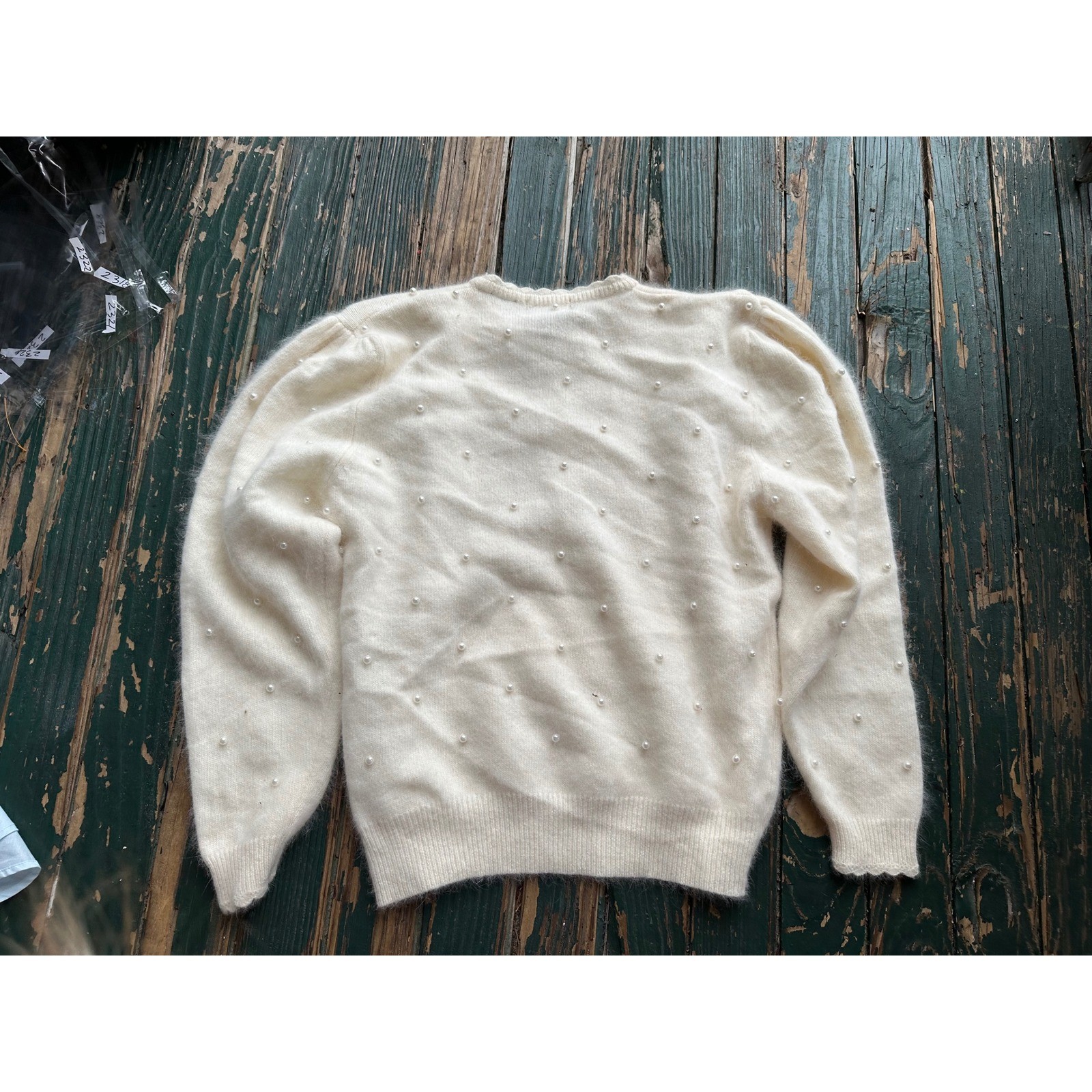Allen Solly Vintage Cream Angora Lambswool Pearl Embellished Sweater Large
