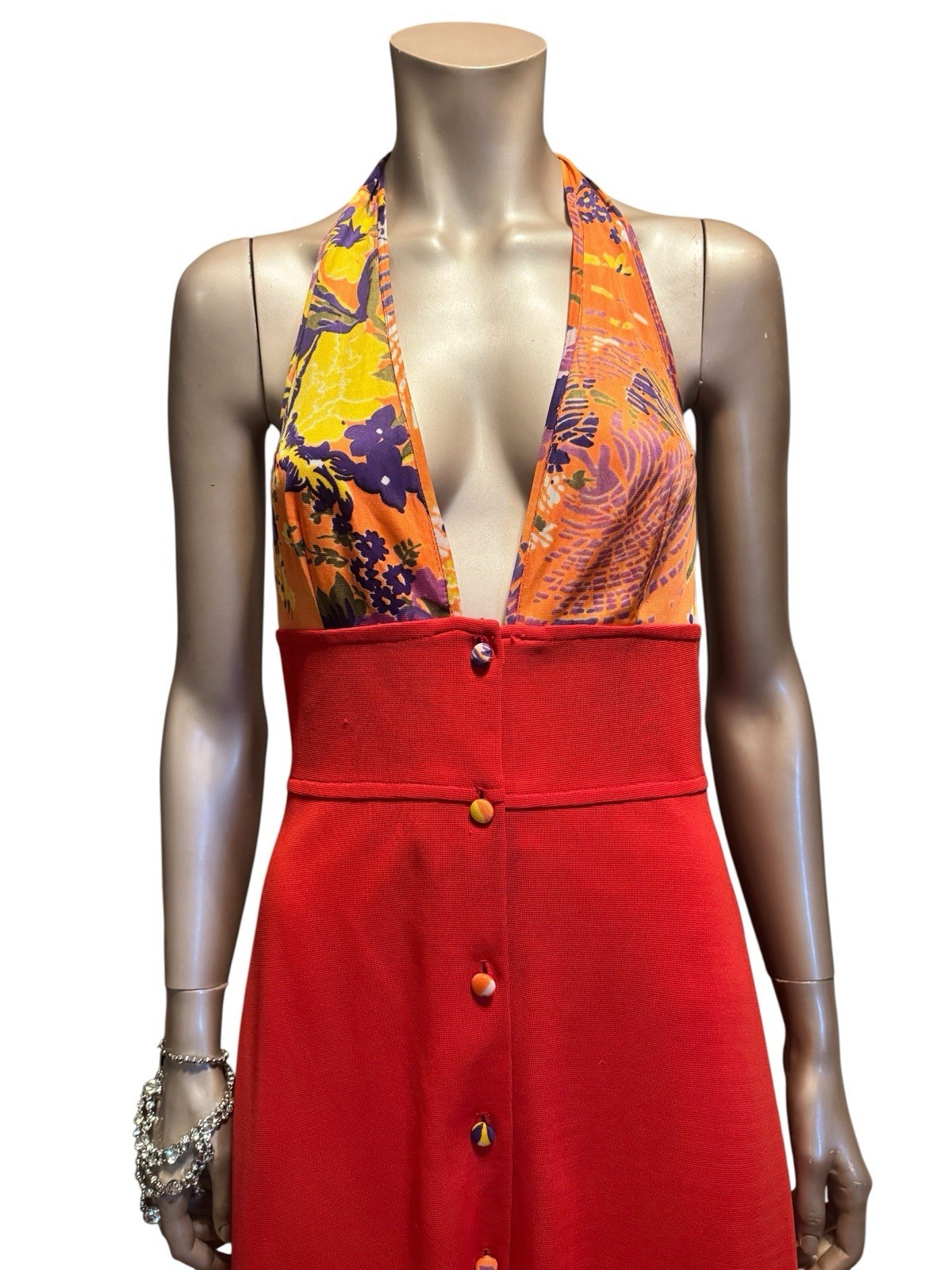 Vintage 1970s Deep V Halter Dress