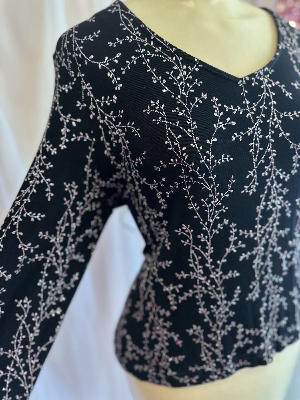 Vintage 90s Glitter Fairy Top Blouse Shirt Black Stretchy Whimsy Goth Grunge M/L
