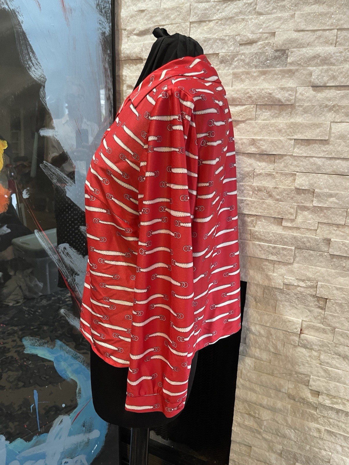 Vintage Leslie Pomer Red Graphic Button Up Blouse Pointed Collar 43 Bust