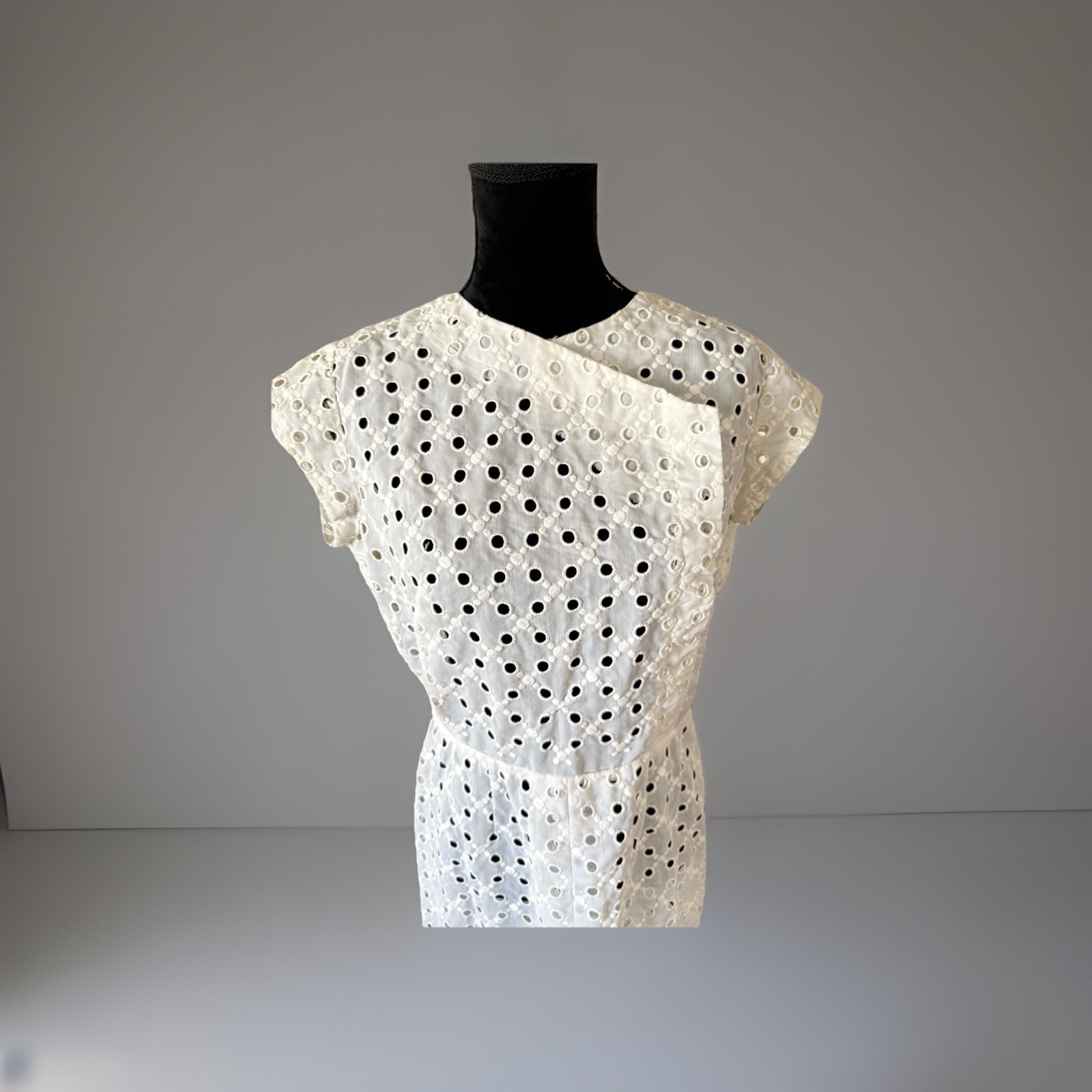 Vintage 80s White Organdy Cotton Eyelet Dress Sz Med