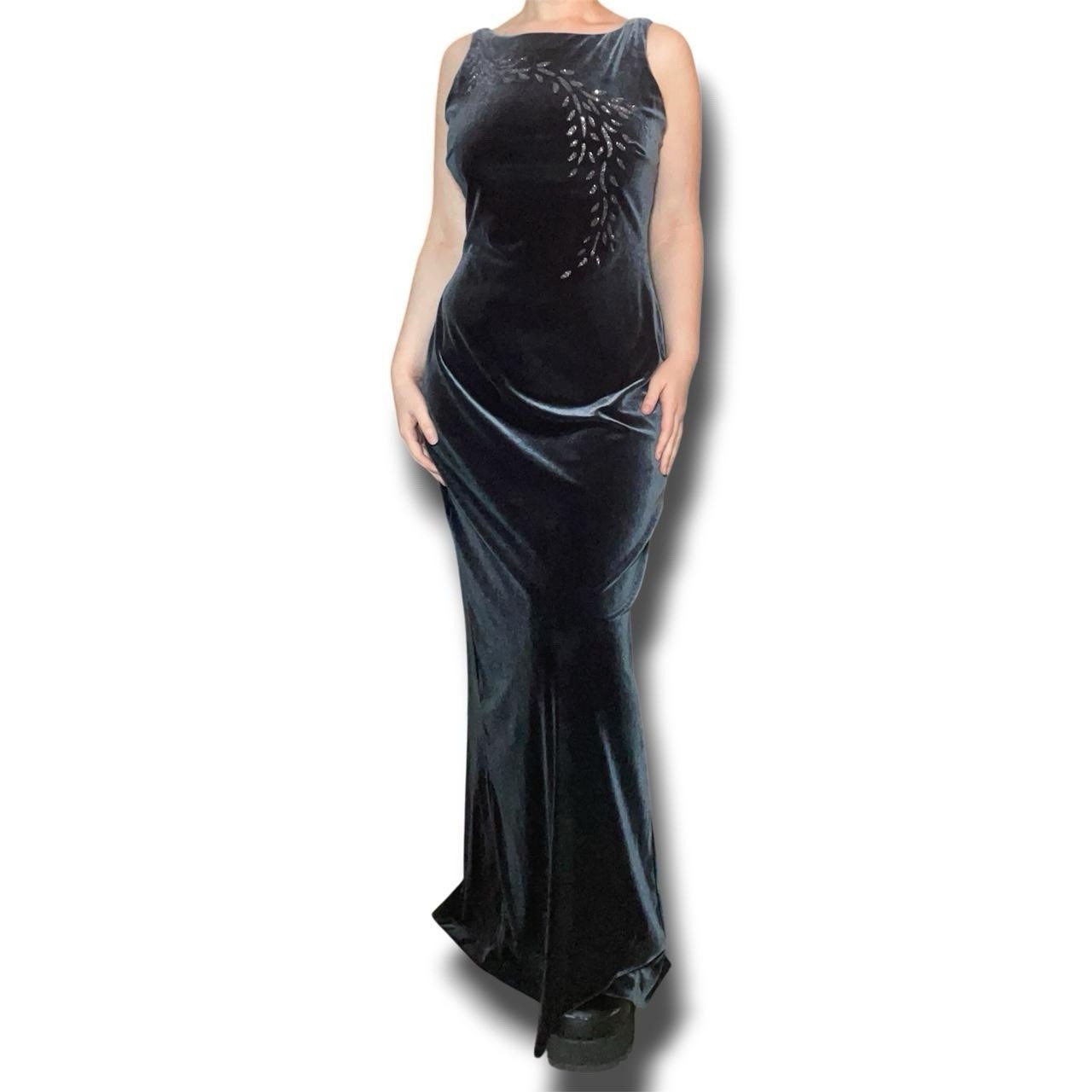 90s Vintage Rhapsody Dark Grey Velvet Open Back Bedazzled Shiny Detail Dress 10