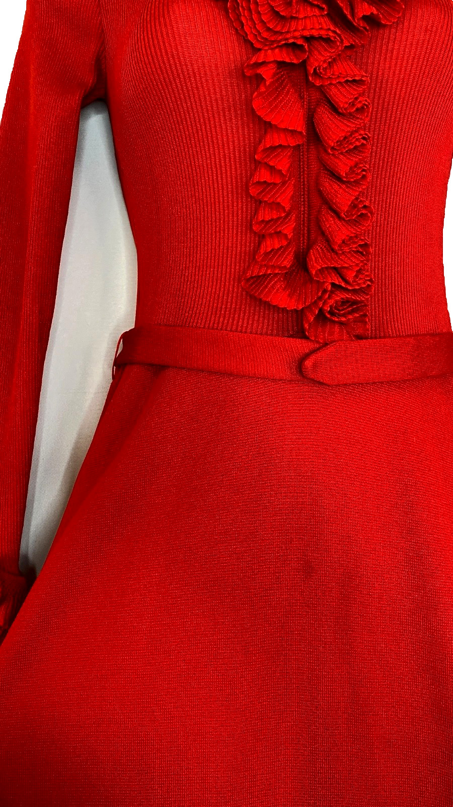 Vintage 1970s red ruffle maxi dress long sleeve flounce A-line Victorian style