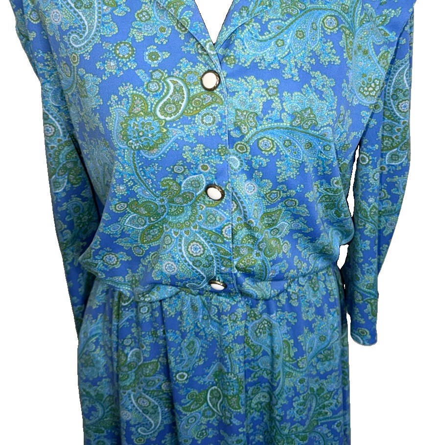 California Looks Vintage Women’s Dress Blue Green Paisley Pockets Sz 12 *no Belt