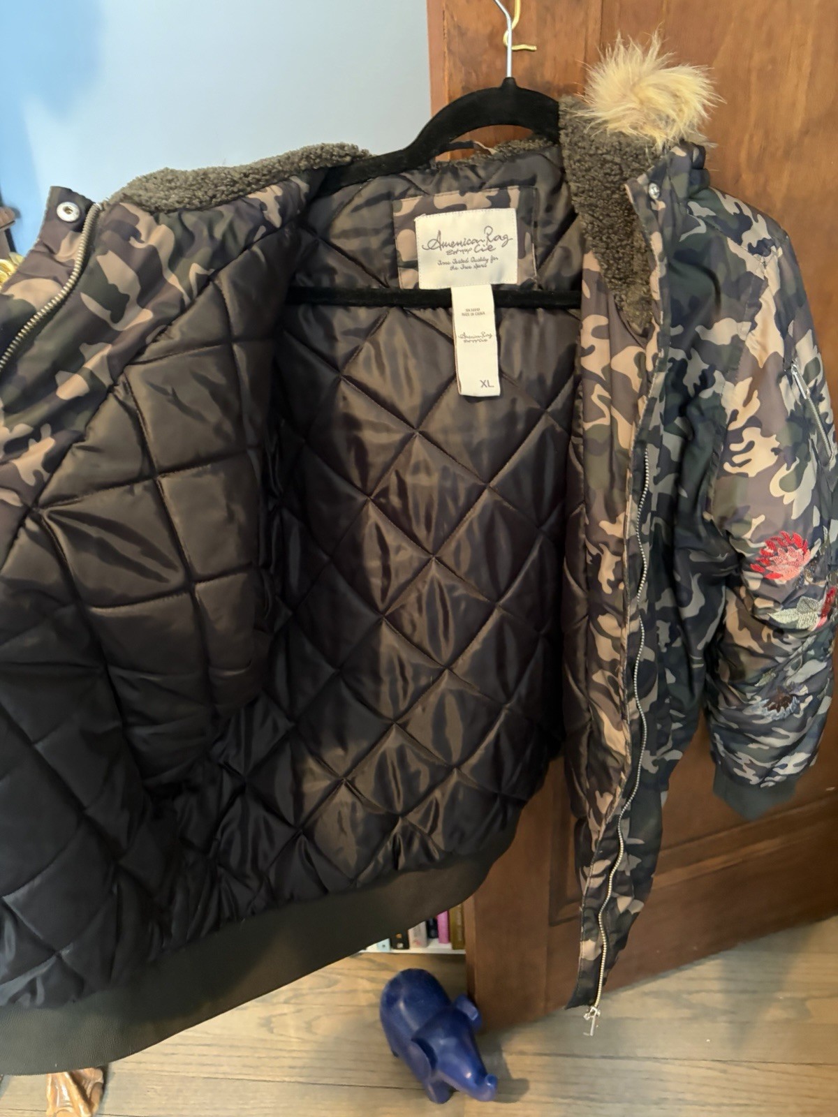 Women’s Bomber Jacket – American Rag Camo Jacket With Red Embroidery Pattern