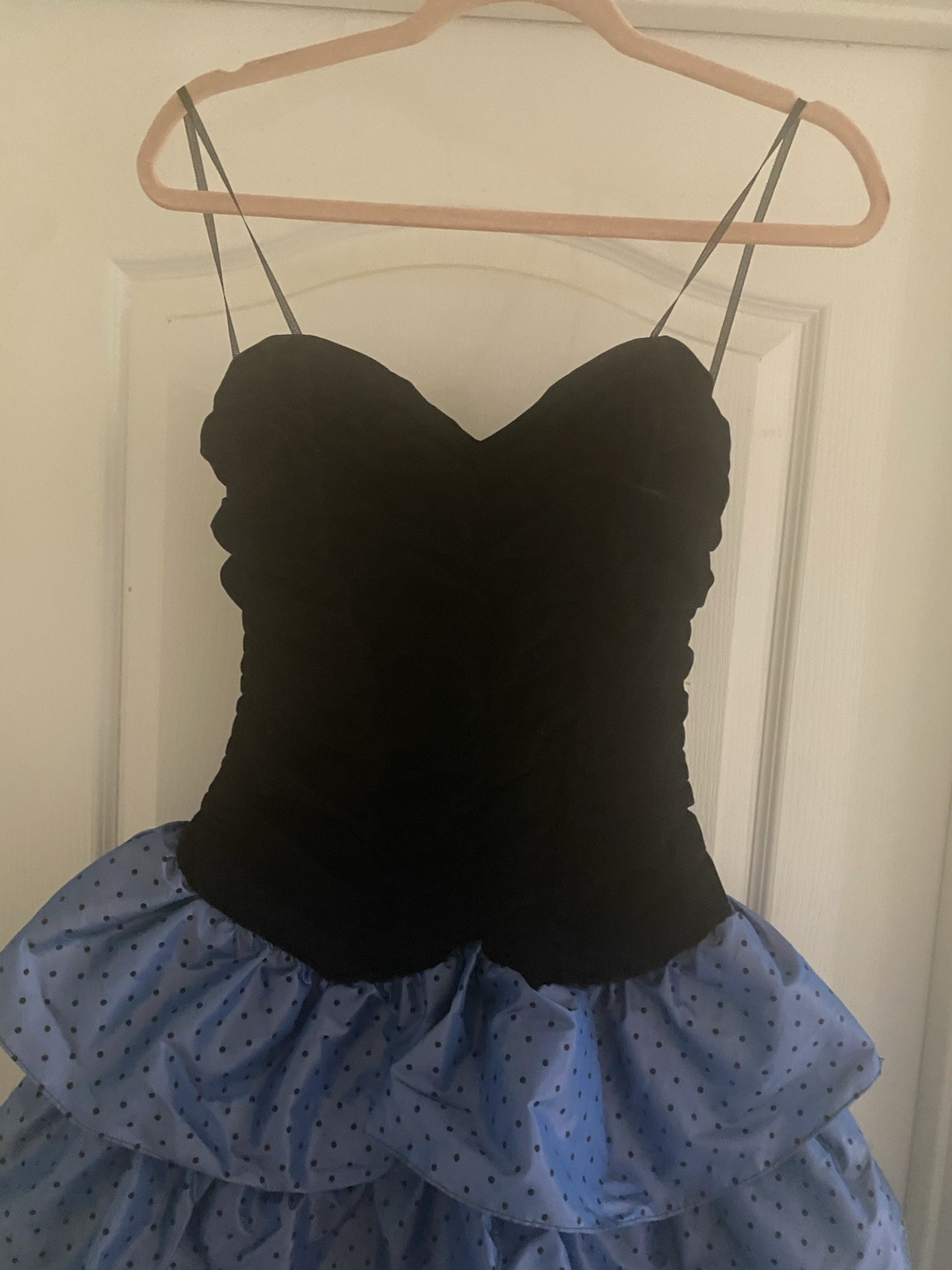 VTG Y2K My Michelle Strapless Black Velvet Bodice Polka Dot Tiered Dress 11/12