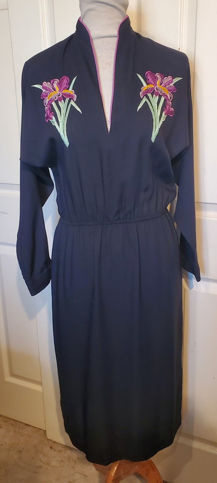 Vintage 70s Black Acetate Dress Miss Ashlee California Embroidered Iris B40