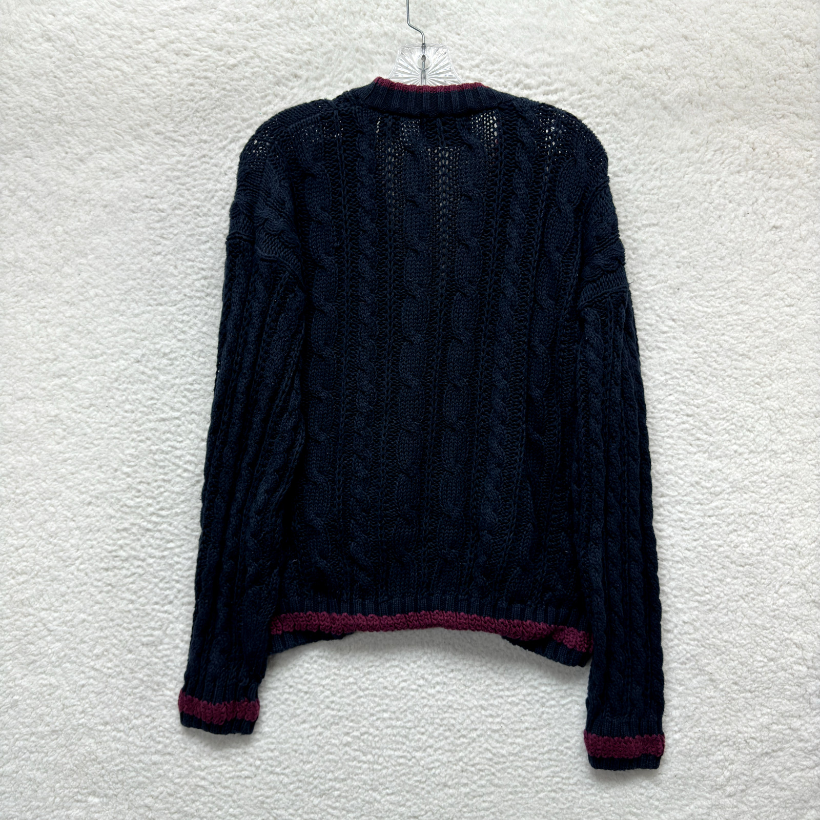 90s Vintage Cardigan Sweater Large Womens Navy Blue Chunky Cable Knit Academia