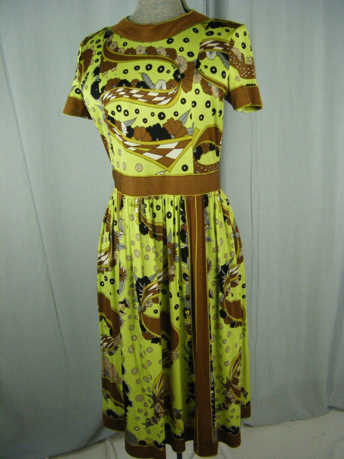 AVERARDO BESSI Vtg 60s Lime Green/Brown Mod Printed Silk Knit Dress-Bust 38/S
