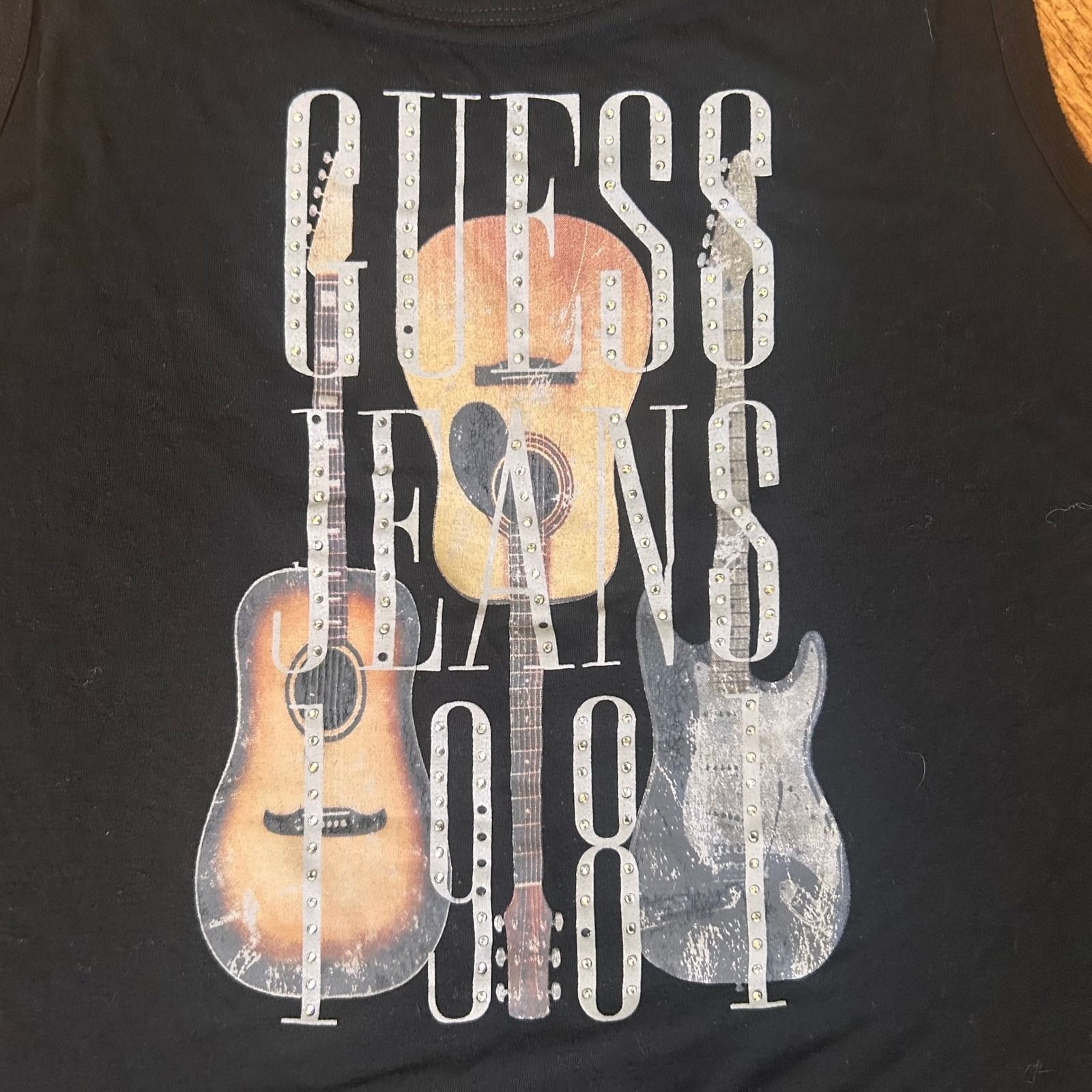 97. Guess Jeans 1981 Guitar Graphic Tank Top Black Rhinestone Y2K rock n roll