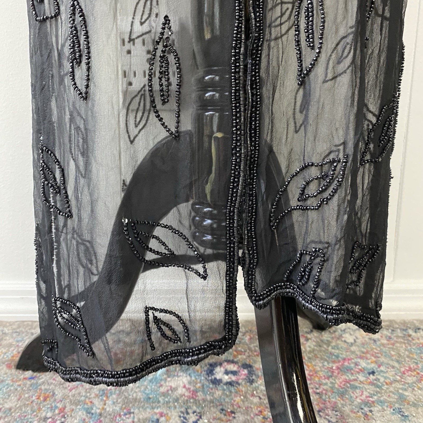Sheer Black Beaded Duster Cardigan Whimsigoth Kimono Witchy Silk? OSFM 20″ PTP