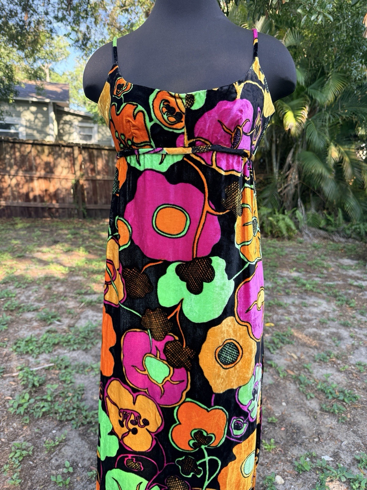 Vintage 1960s Mia Boutique Bright Floral Velvet Maxi Dress