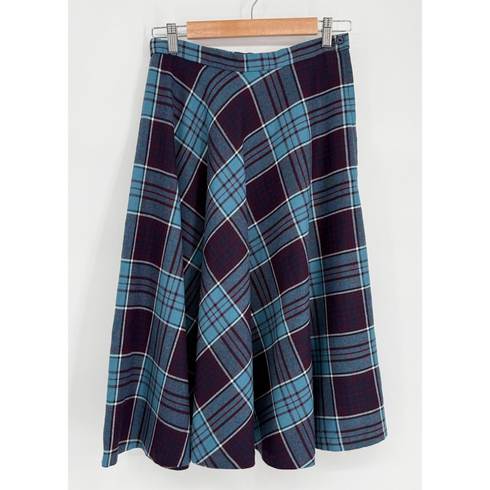 Vintage Plaid A-Line Midi Skirt Teal Burgundy Wool Blend High Waist Sz 16/18