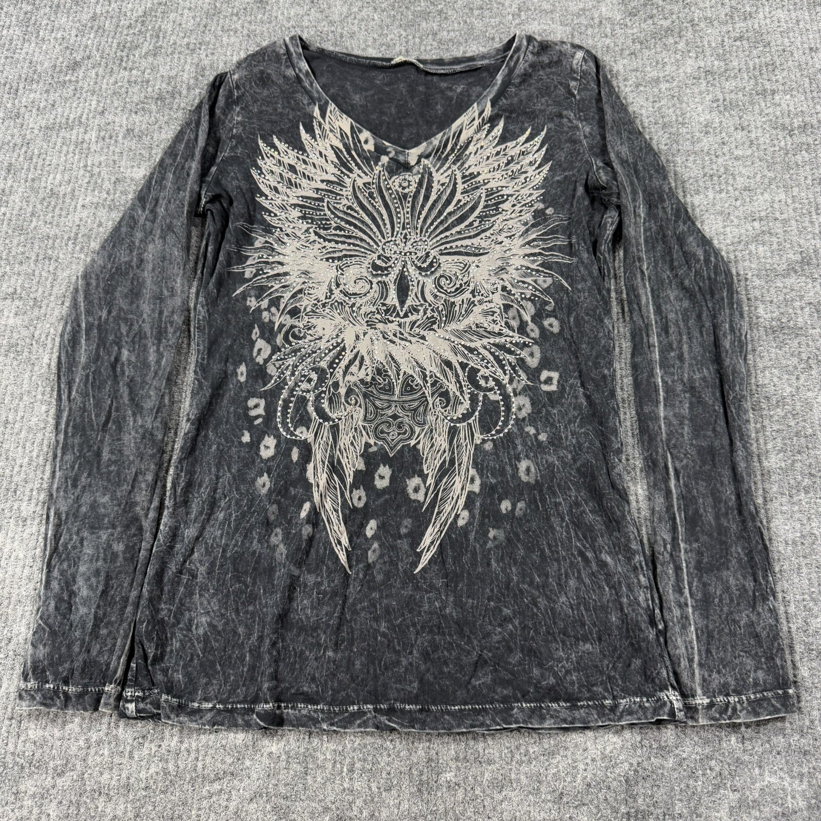VTG Y2K Women’s Sexy Affliction Style Black Wings Cyber Goth Beaded Shirt Large