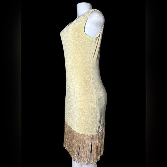 VTG 80s TOGETHER! Metallic Gold Bodycon Flapper Fringe Dress M USA Nylon Spandex