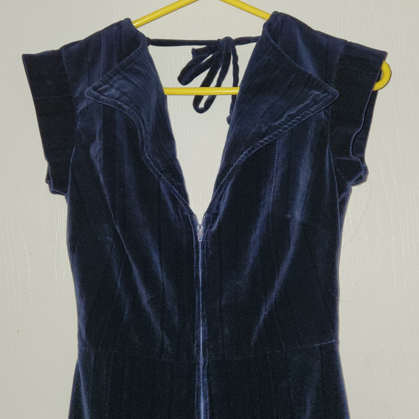 Vtg Ragtime 70s Navy Velour Wide Leg Jumpsuit Deep V Neck Disco Jumper Outfit M