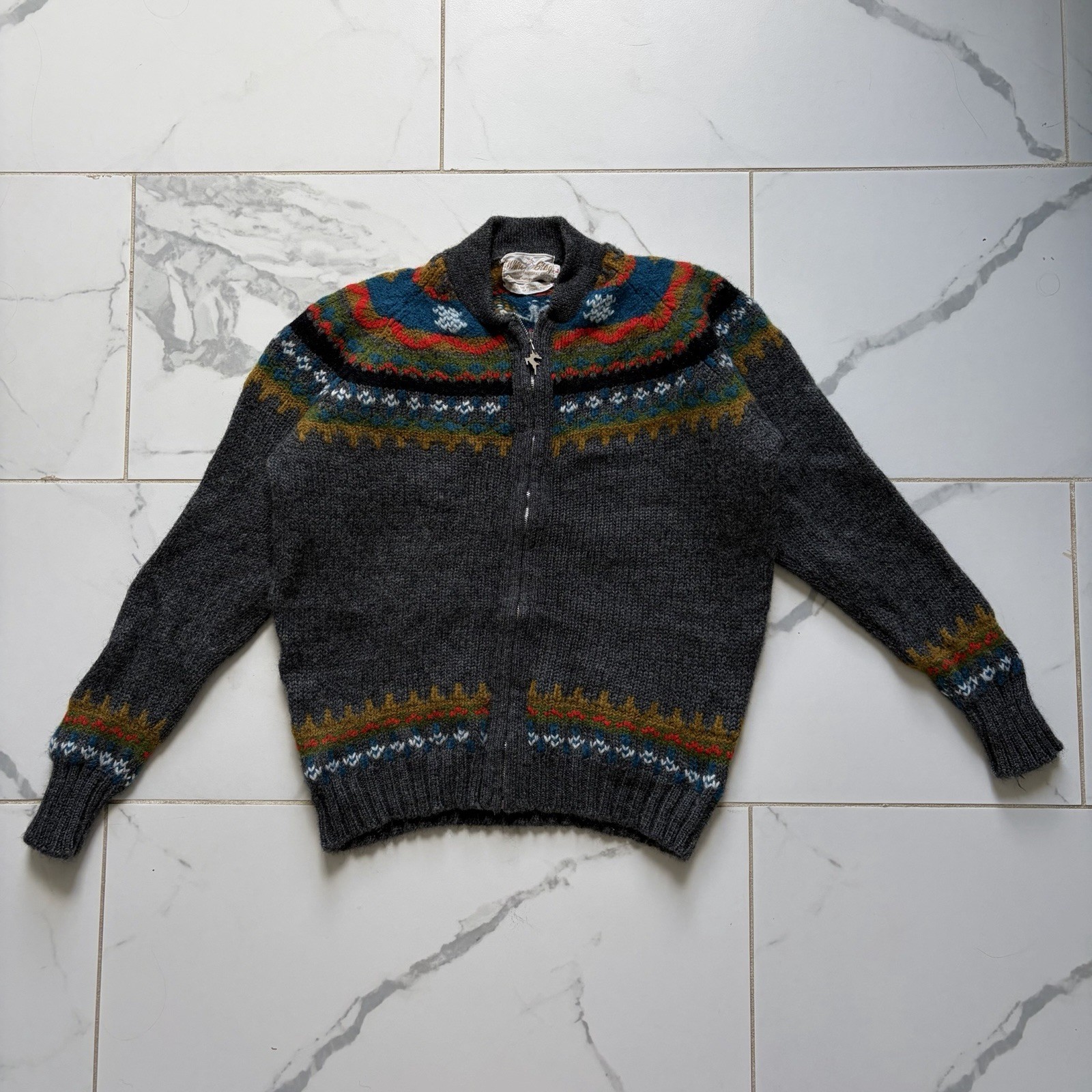 Vintage 1970s 70s White Stag Cowichan Style Sweater Full Zip Up Grey Orange Blue