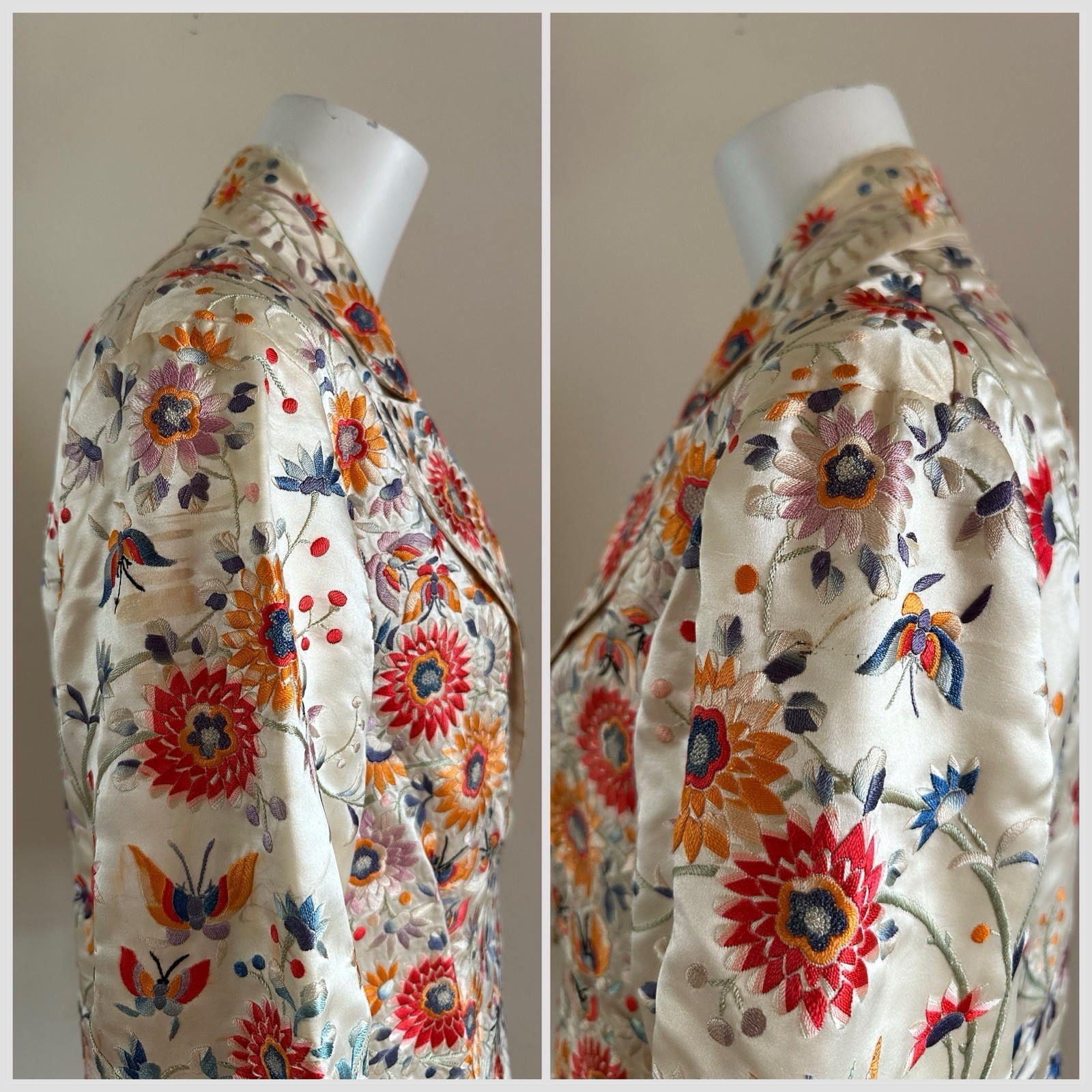 1920s 30s Silk Embroidered Export Piano Shawl Jacket Moth Floral Peking Knot VTG