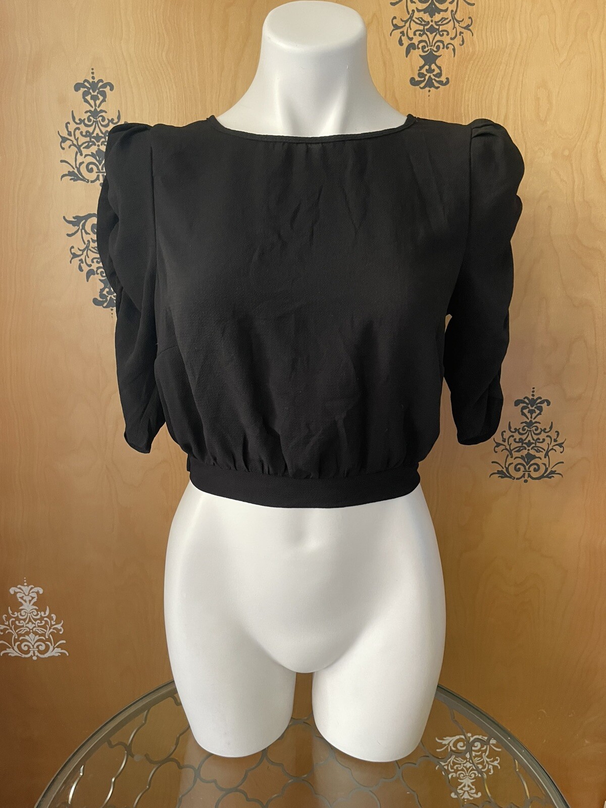 NWT Y2K 2000 Peplum Blouse Crop Top 1/2 Sleeve Adjustable Tie Strings Black S/M